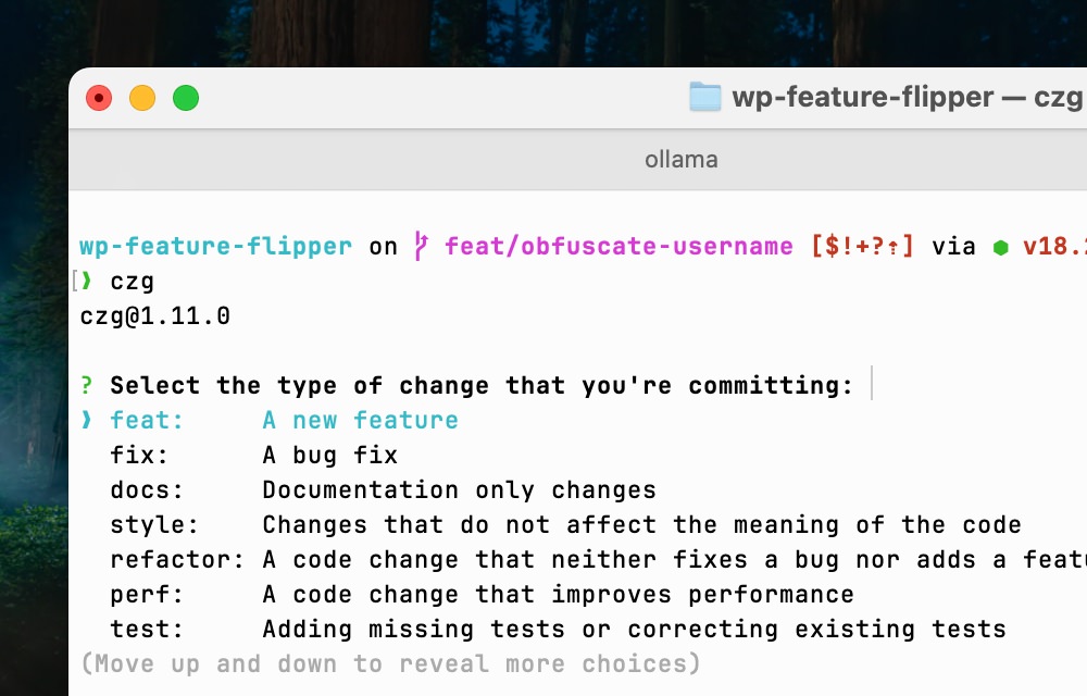 Commitizen AI commit type selection interface