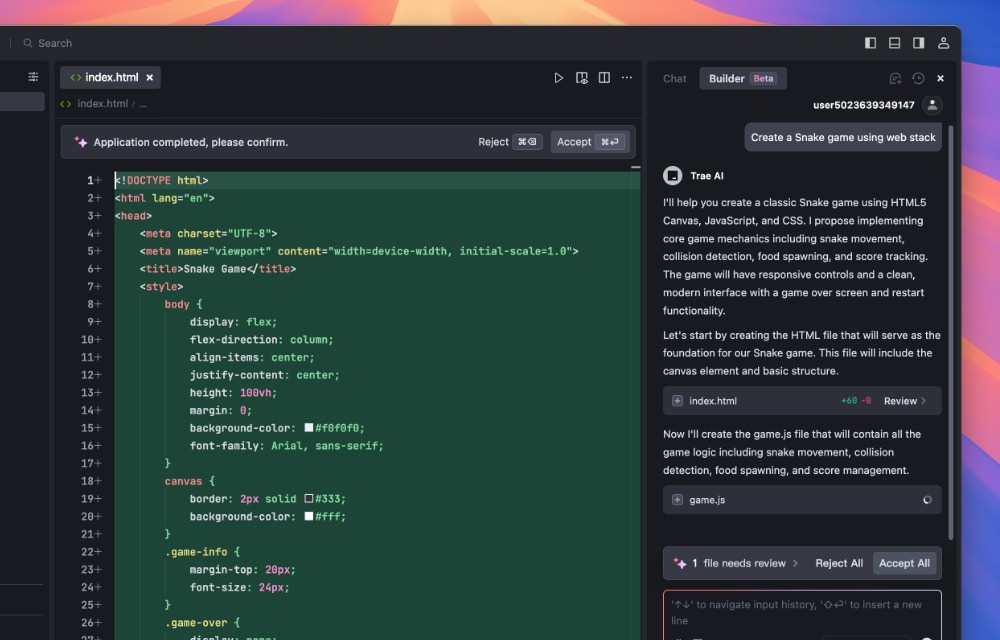 Trae AI interface showcasing Builder Mode functionality