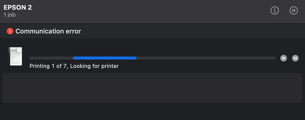 Epson printer communication error message displayed on Mac when attempting to print from applications