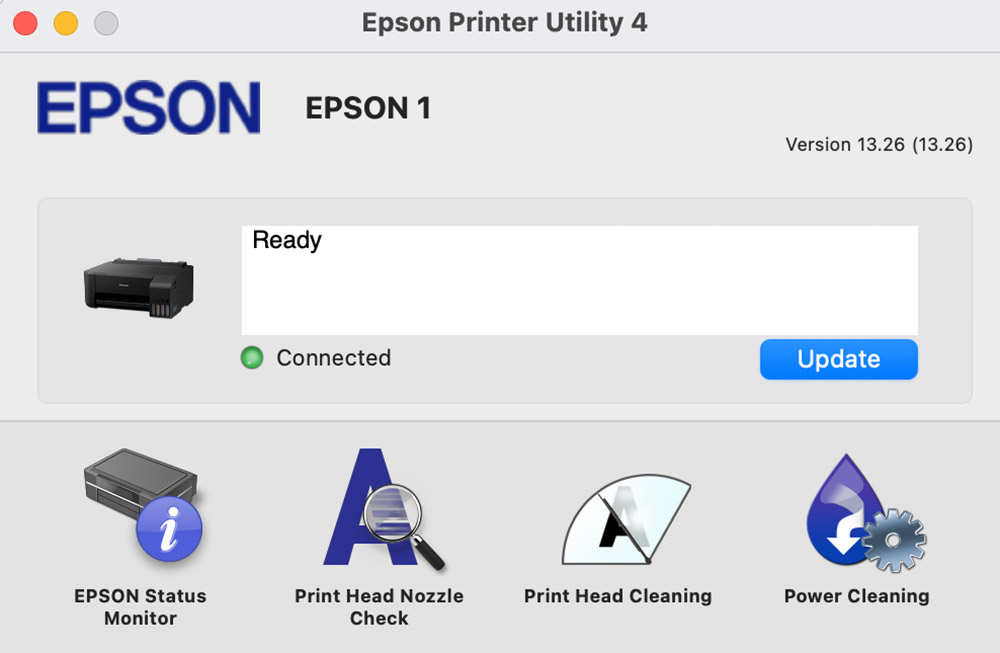 Epson Printer Utility showing proper connection status