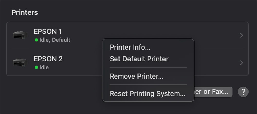 Reset printing system option in Mac Printers & Scanners settings