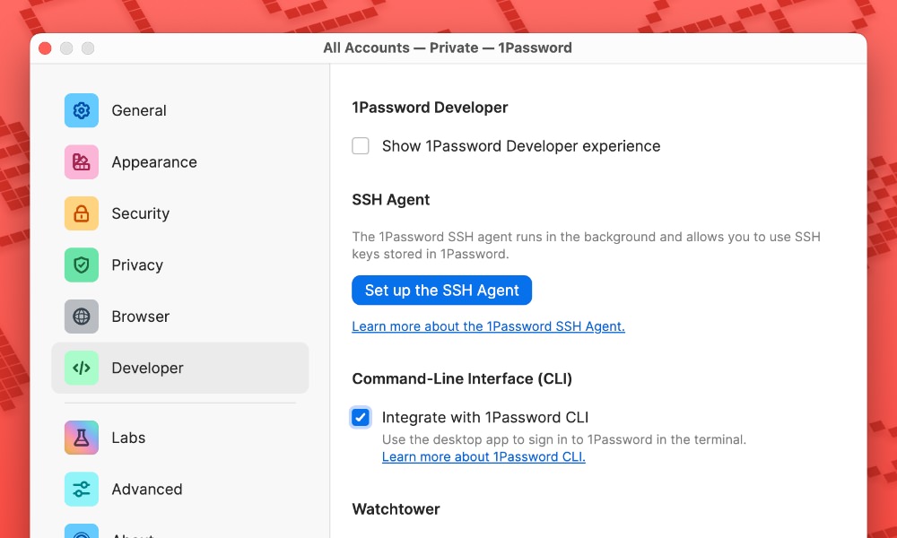 Enable 1Password CLI integration in app settings